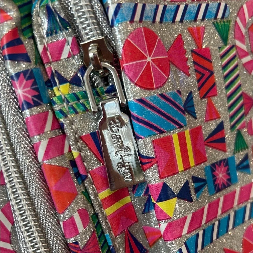 Bari Lynn Geometric Candy Print Shimmer Small Backpack Rainbow Straps